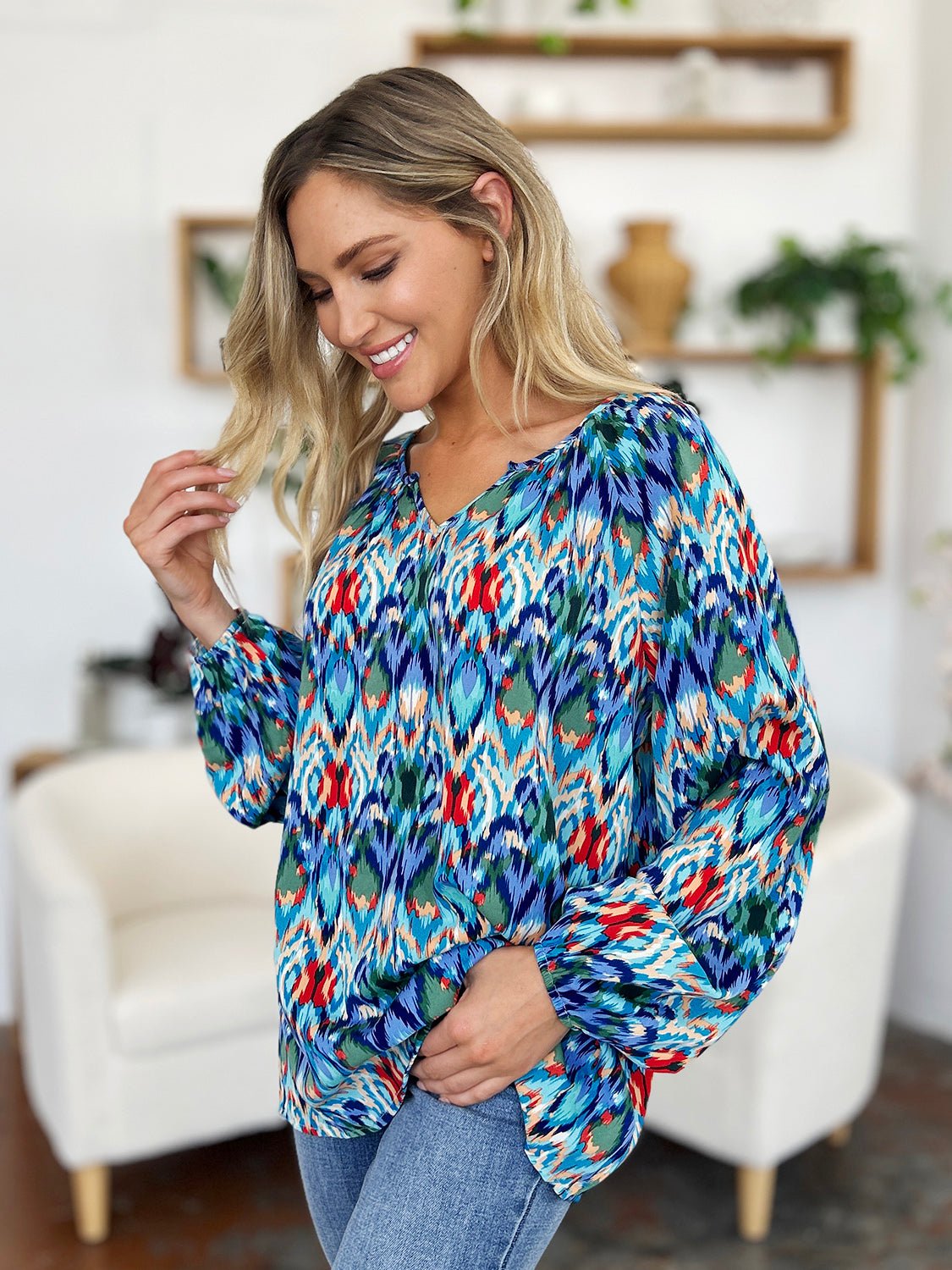 Double Take Full Size Printed Balloon Sleeve Blouse - Bella Blue Styles