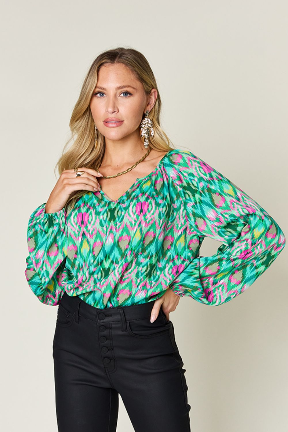 Double Take Full Size Printed Balloon Sleeve Blouse - Bella Blue Styles