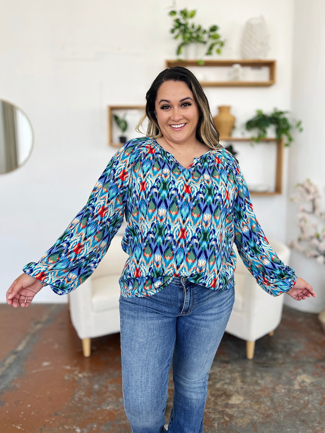 Double Take Full Size Printed Balloon Sleeve Blouse - Bella Blue Styles