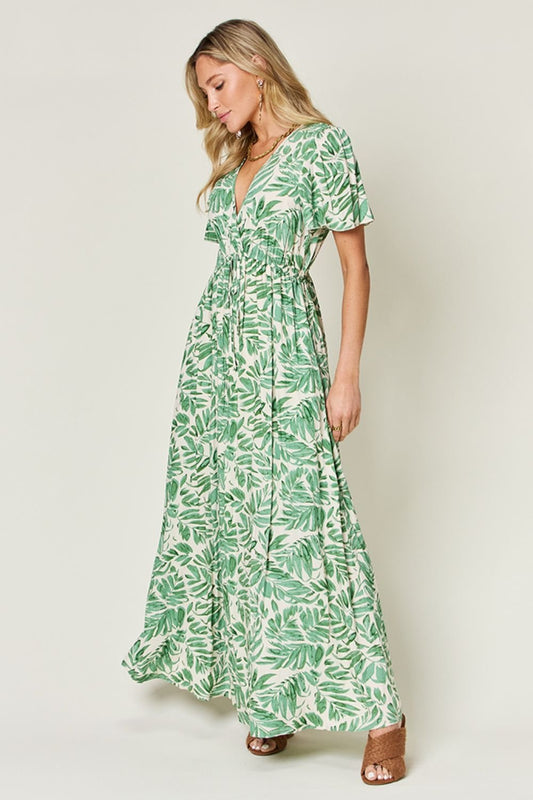 Double Take Full Size Printed Drawstring Short Sleeve Dress - Bella Blue Styles