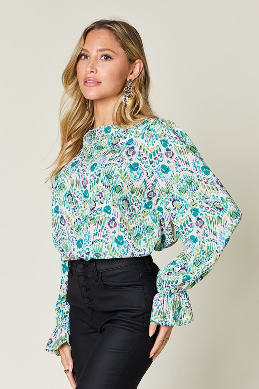 Double Take Full Size Printed Flounce Sleeve Blouse - Bella Blue Styles