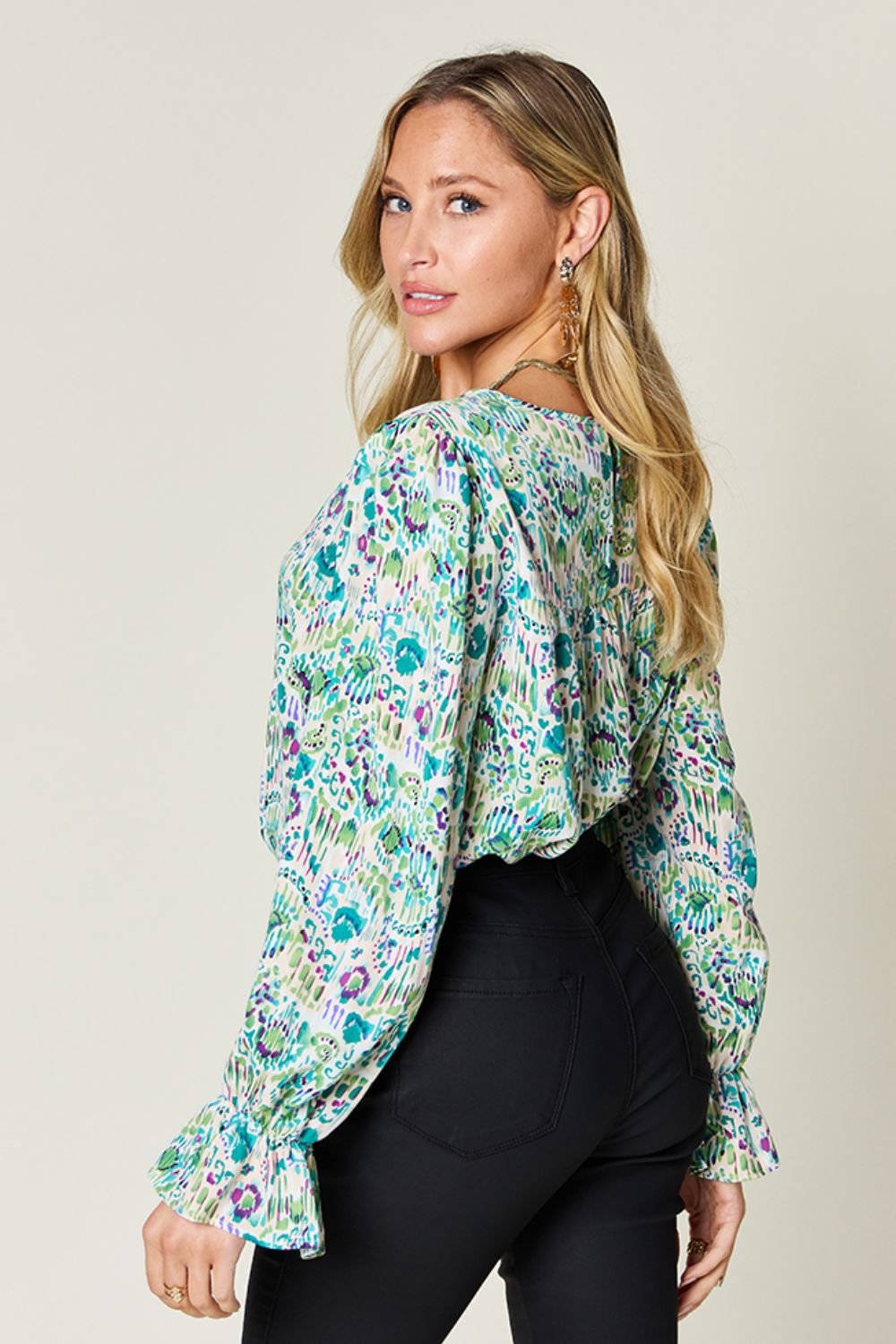Double Take Full Size Printed Flounce Sleeve Blouse - Bella Blue Styles