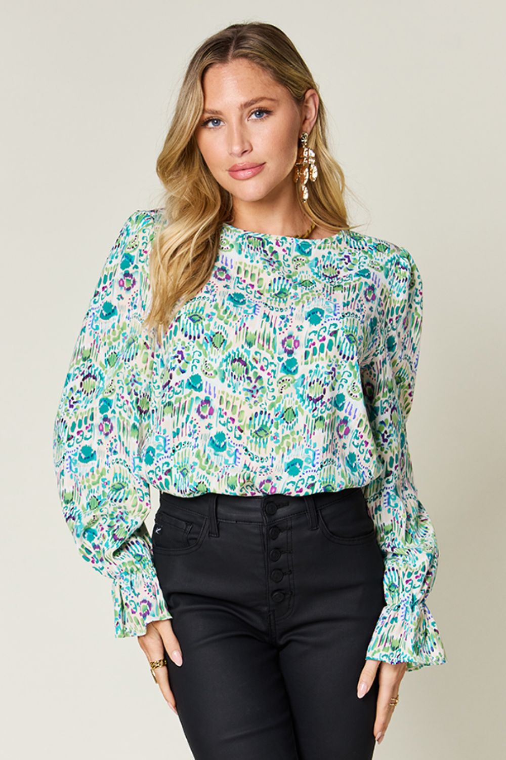 Double Take Full Size Printed Flounce Sleeve Blouse - Bella Blue Styles
