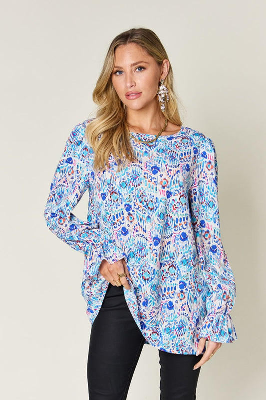 Double Take Full Size Printed Flounce Sleeve Blouse - Bella Blue Styles