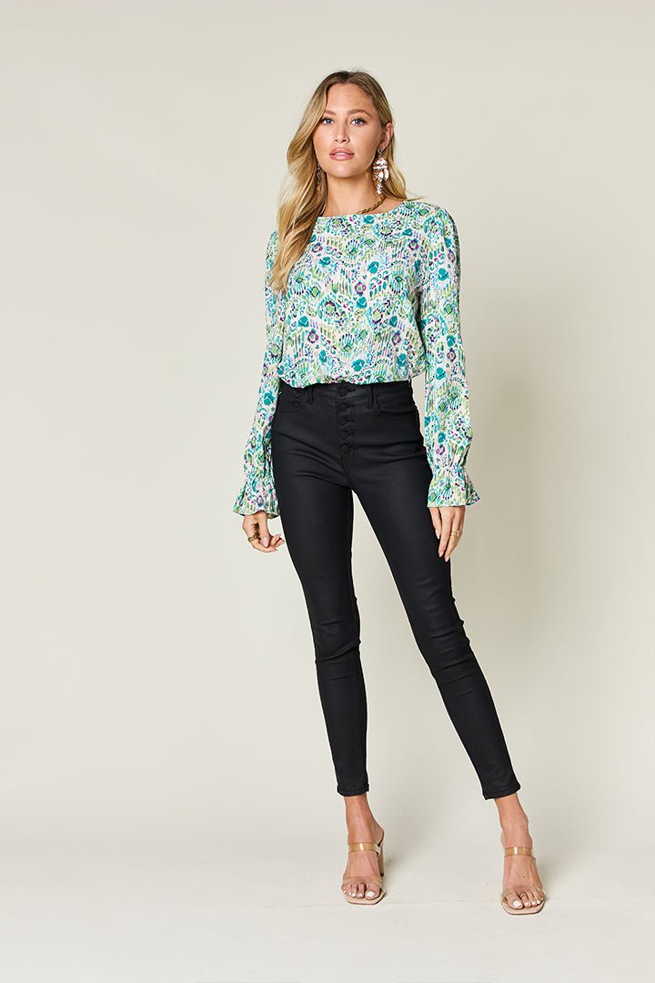 Double Take Full Size Printed Flounce Sleeve Blouse - Bella Blue Styles