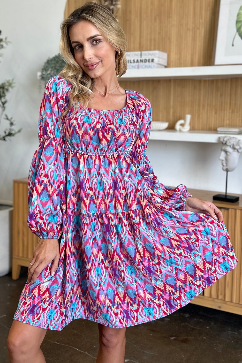 Double Take Full Size Printed Long Sleeve Dress - Bella Blue Styles