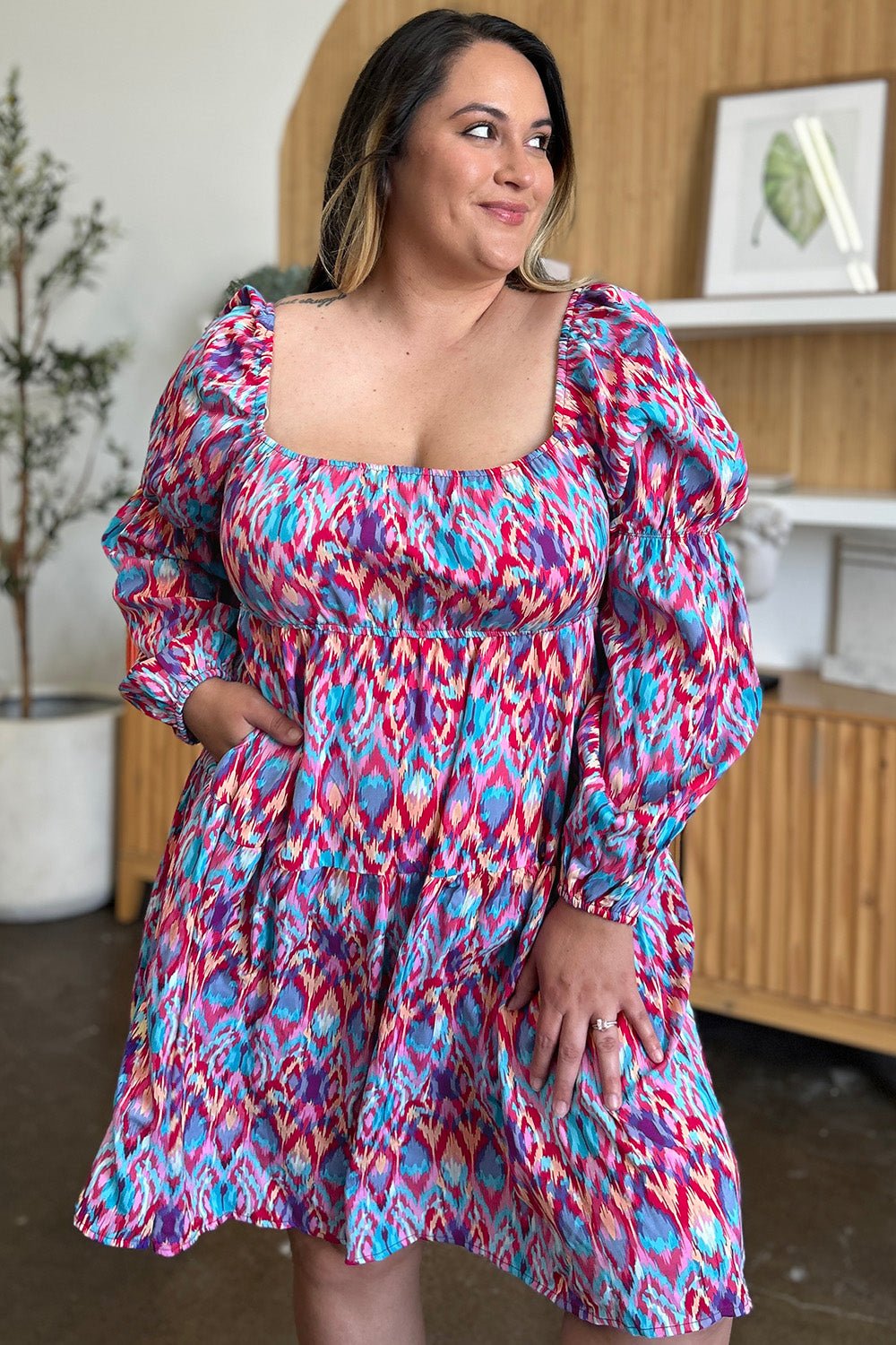 Double Take Full Size Printed Long Sleeve Dress - Bella Blue Styles