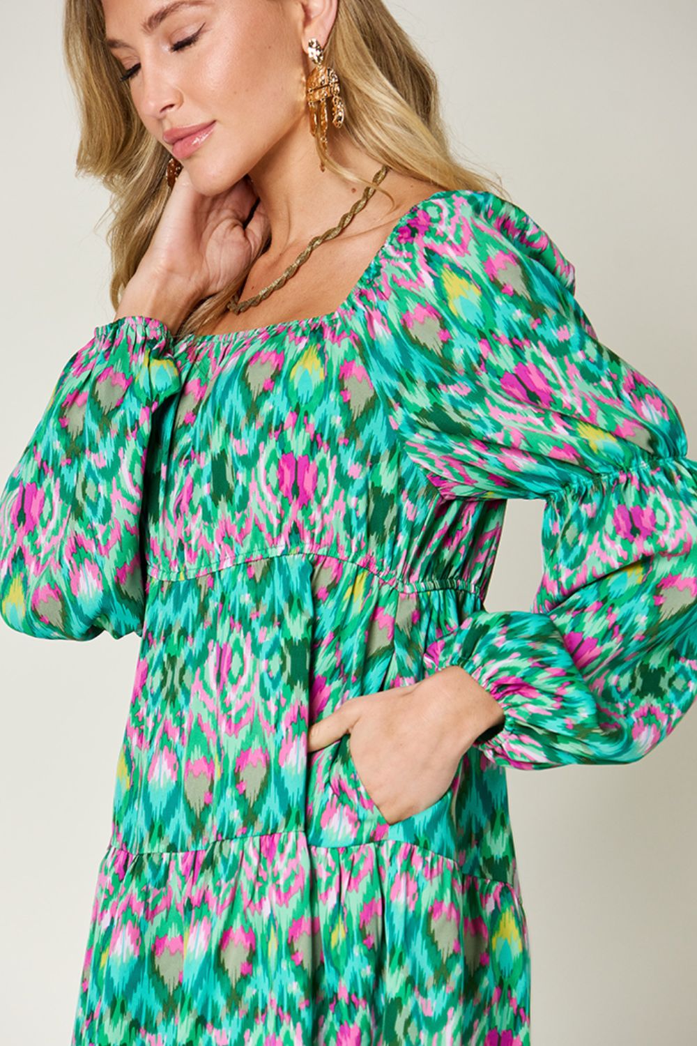 Double Take Full Size Printed Long Sleeve Dress - Bella Blue Styles
