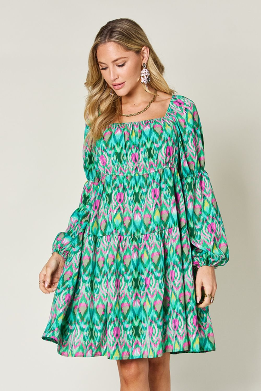 Double Take Full Size Printed Long Sleeve Dress - Bella Blue Styles