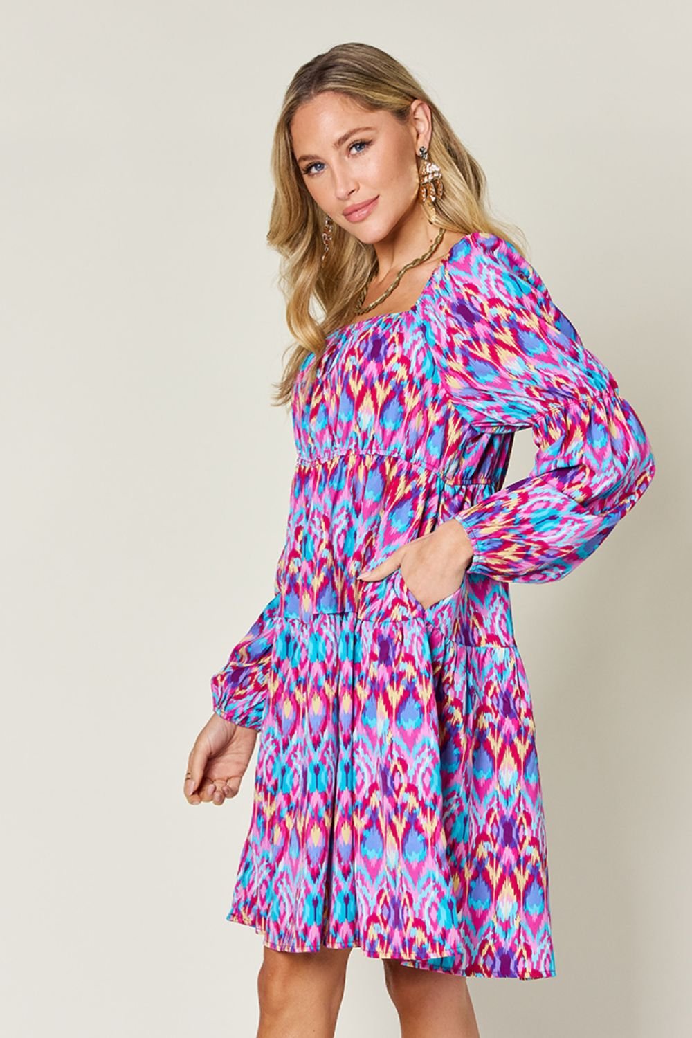 Double Take Full Size Printed Long Sleeve Dress - Bella Blue Styles