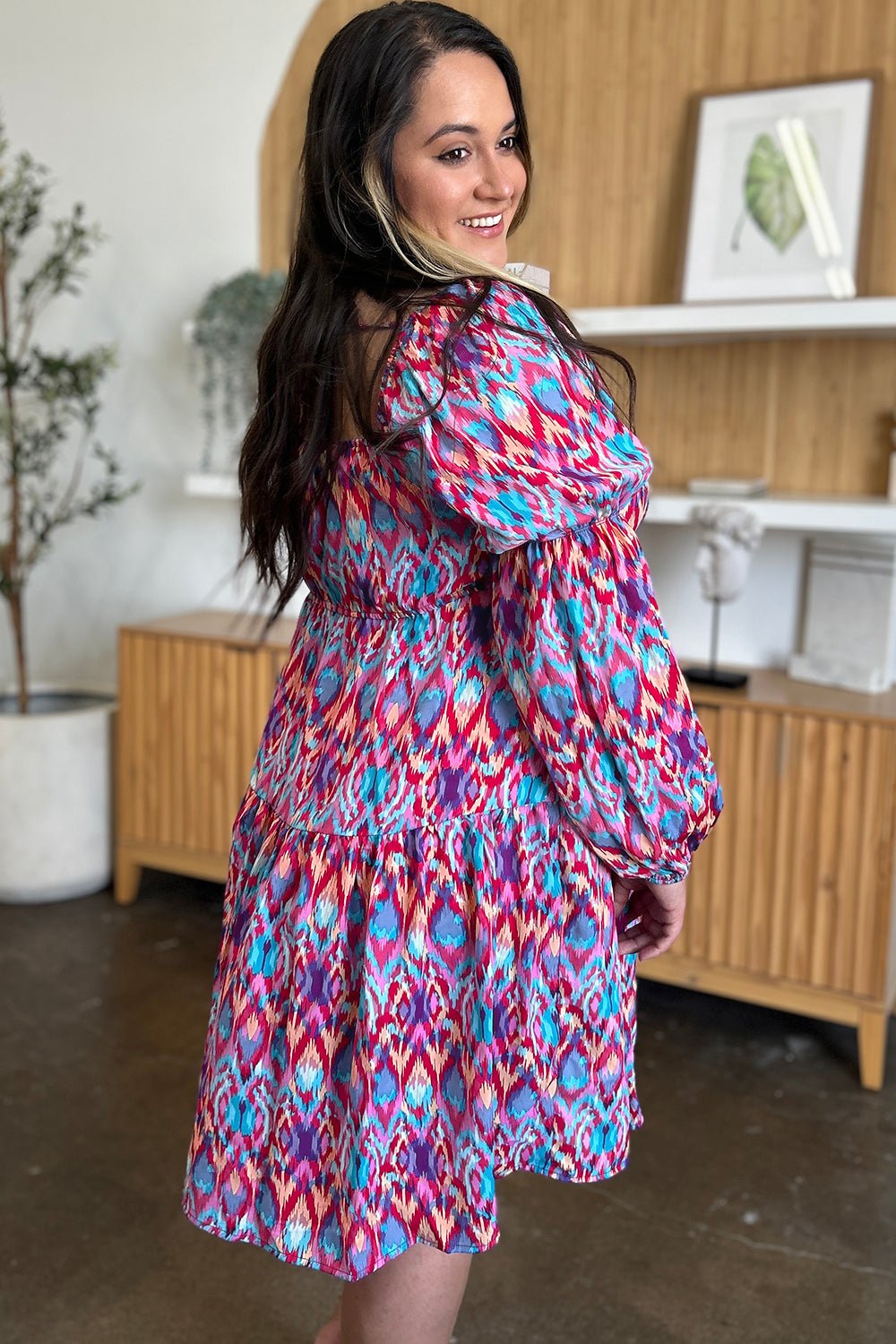 Double Take Full Size Printed Long Sleeve Dress - Bella Blue Styles