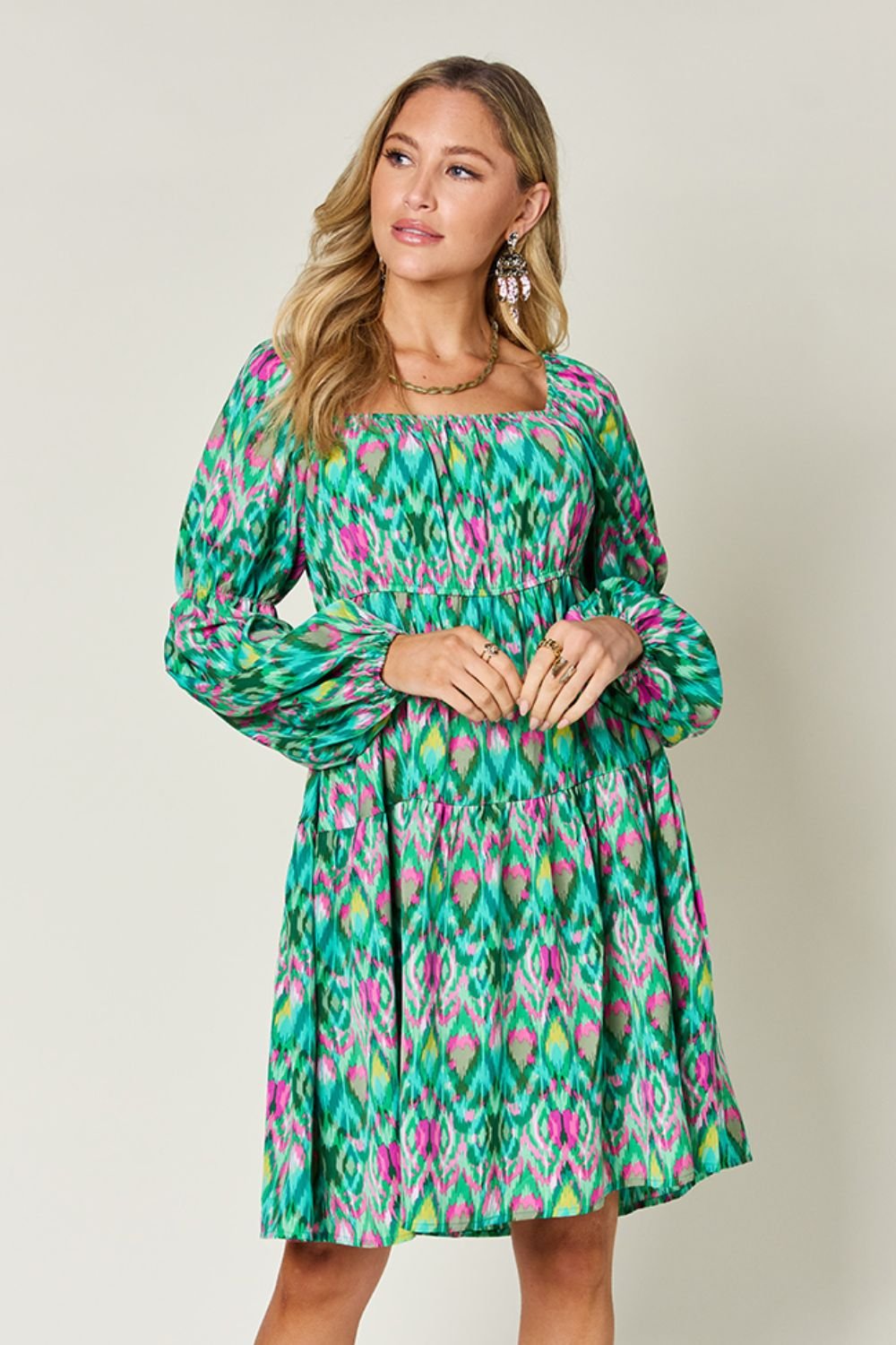 Double Take Full Size Printed Long Sleeve Dress - Bella Blue Styles