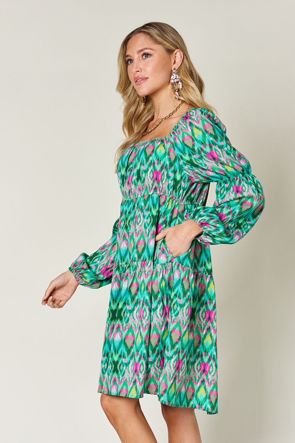 Double Take Full Size Printed Long Sleeve Dress - Bella Blue Styles
