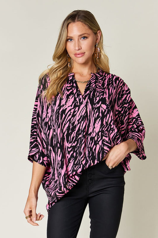 Double Take Full Size Printed Notched Three - Quarter Sleeve Blouse - Bella Blue Styles
