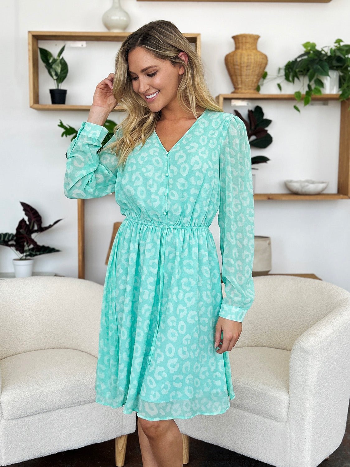 Double Take Full Size Printed Ruched V - Neck Long Sleeve Dress - Bella Blue Styles