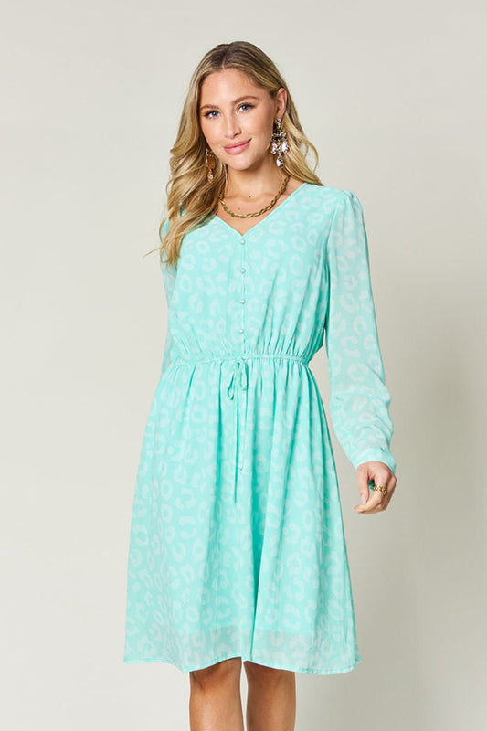 Double Take Full Size Printed Ruched V - Neck Long Sleeve Dress - Bella Blue Styles