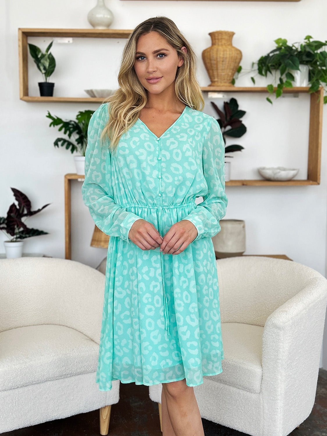Double Take Full Size Printed Ruched V - Neck Long Sleeve Dress - Bella Blue Styles