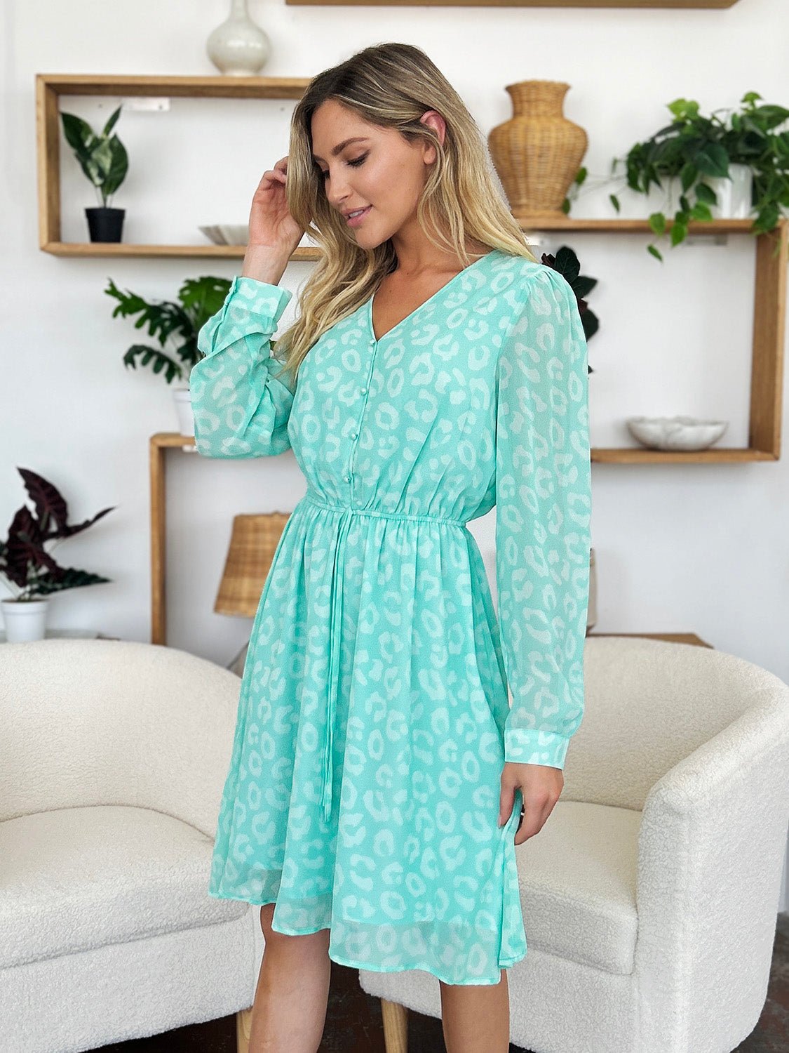 Double Take Full Size Printed Ruched V - Neck Long Sleeve Dress - Bella Blue Styles
