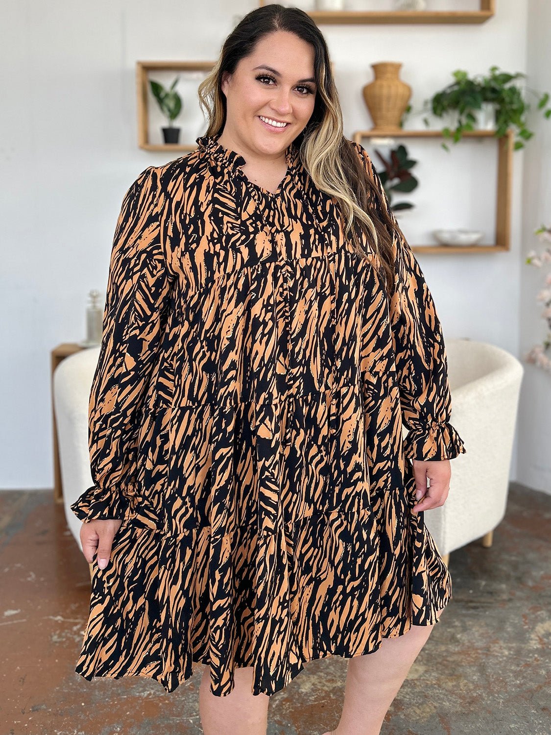 Double Take Full Size Printed Ruffle Hem Long Sleeve Dress - Bella Blue Styles
