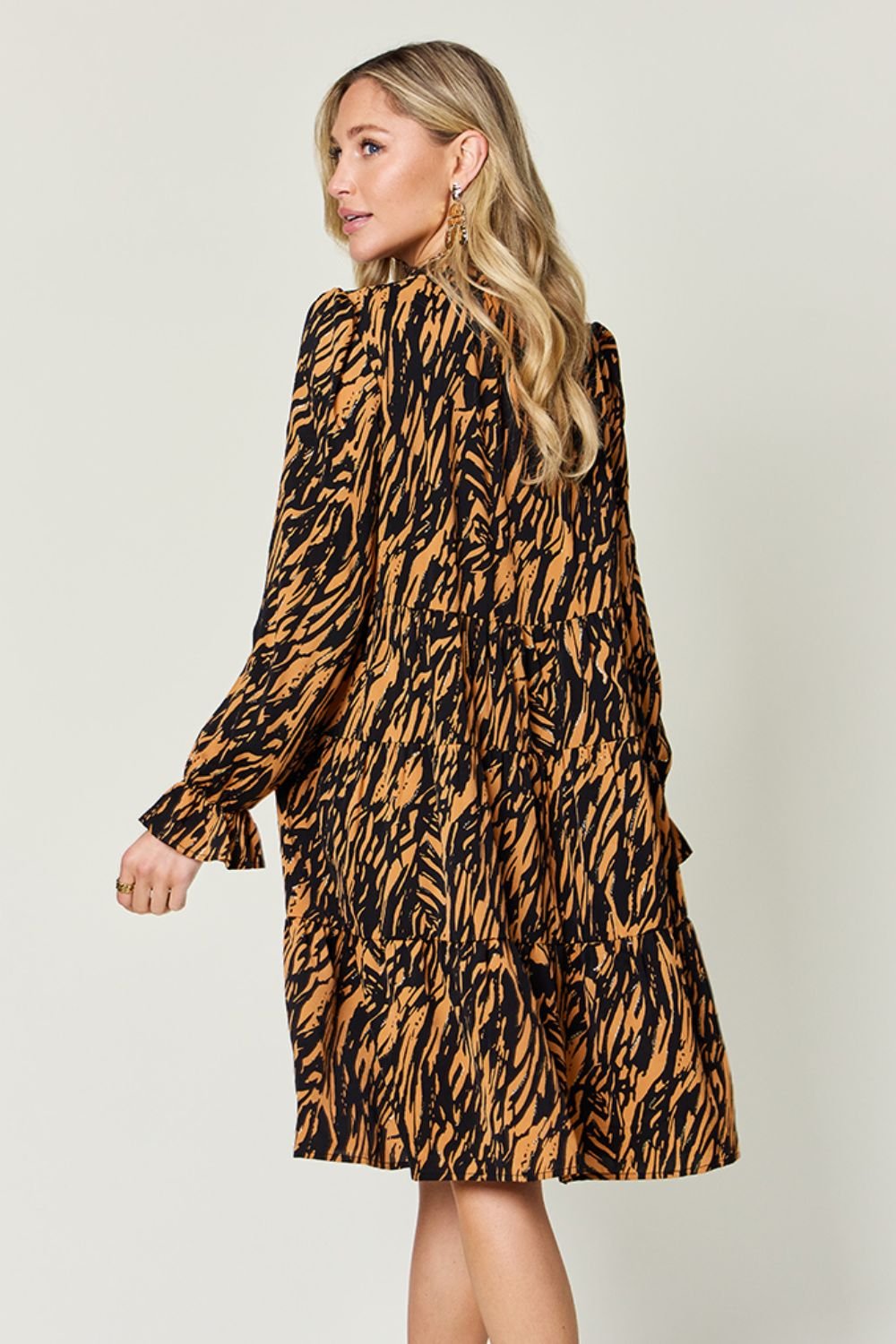 Double Take Full Size Printed Ruffle Hem Long Sleeve Dress - Bella Blue Styles