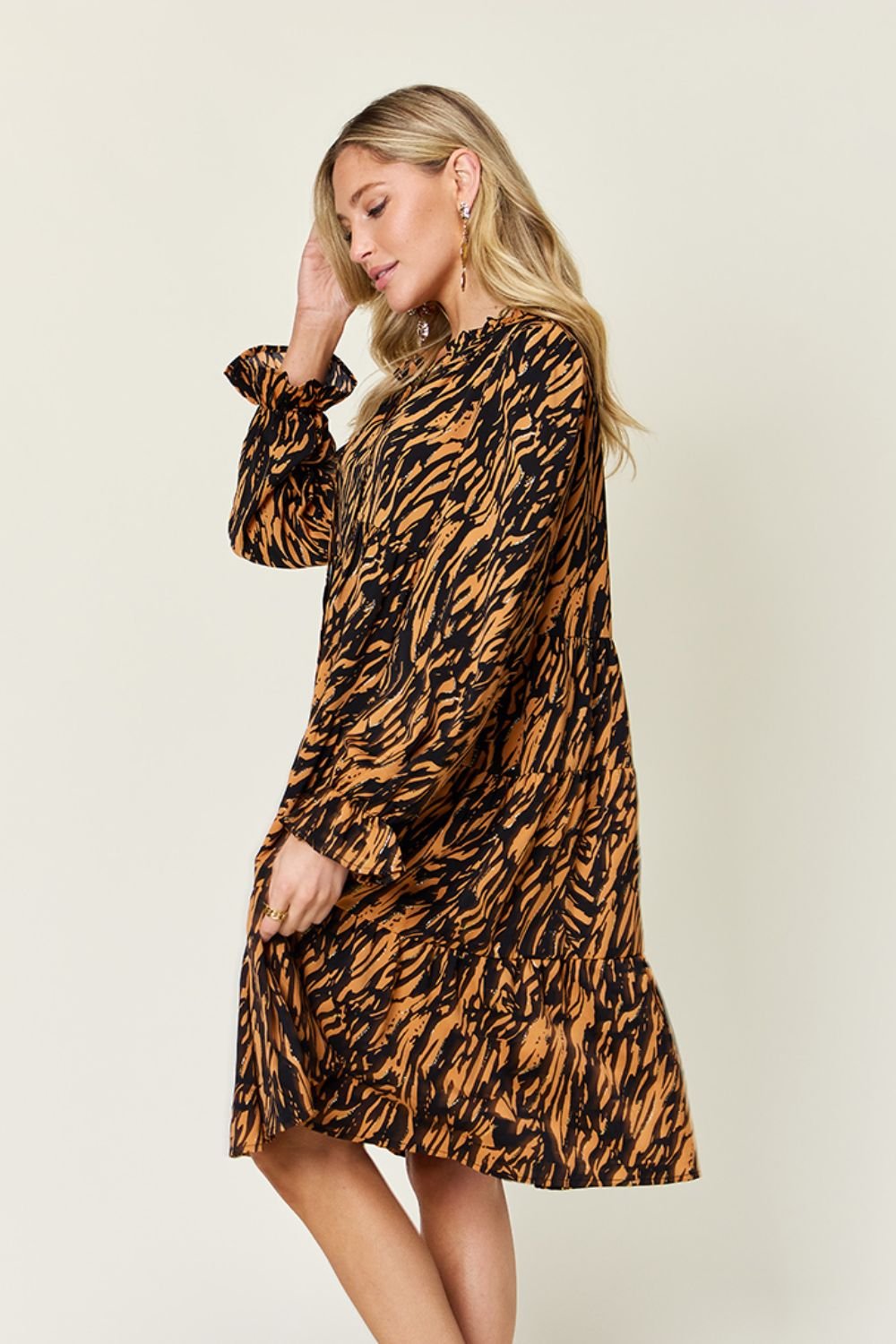Double Take Full Size Printed Ruffle Hem Long Sleeve Dress - Bella Blue Styles
