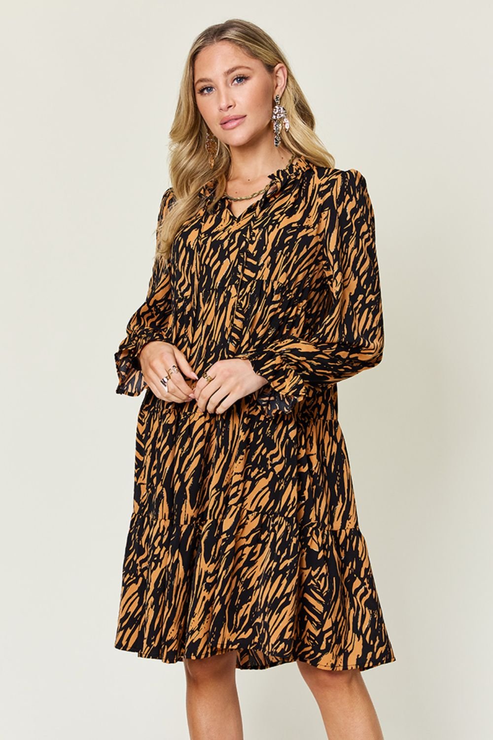 Double Take Full Size Printed Ruffle Hem Long Sleeve Dress - Bella Blue Styles