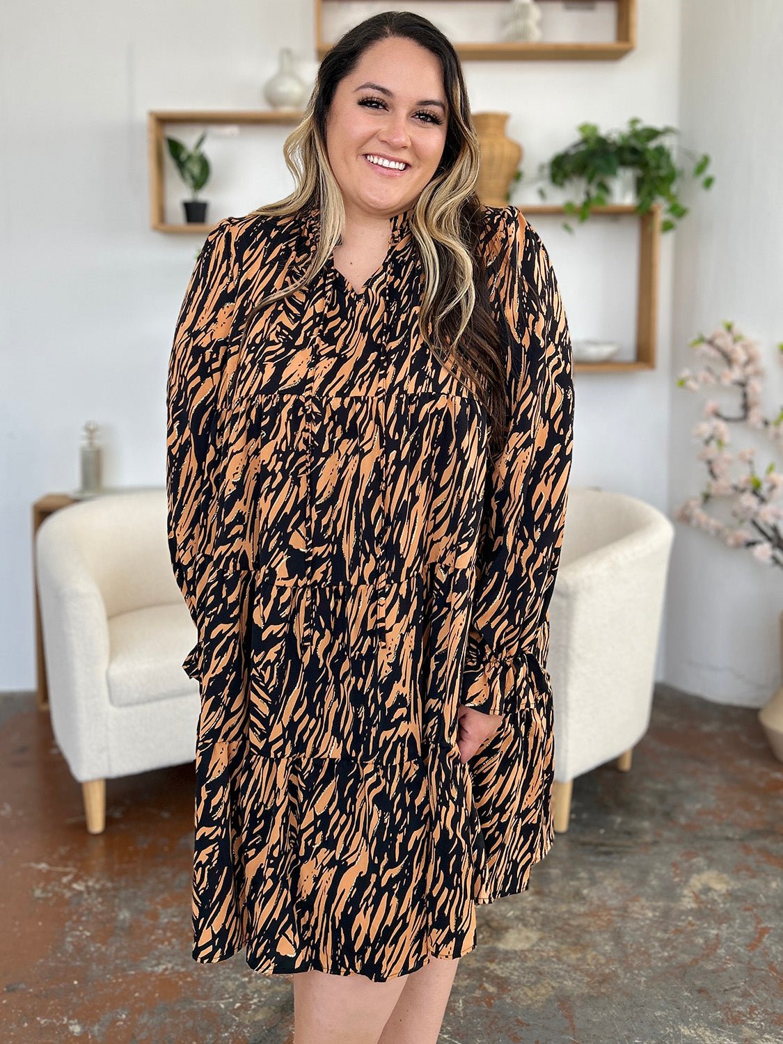 Double Take Full Size Printed Ruffle Hem Long Sleeve Dress - Bella Blue Styles