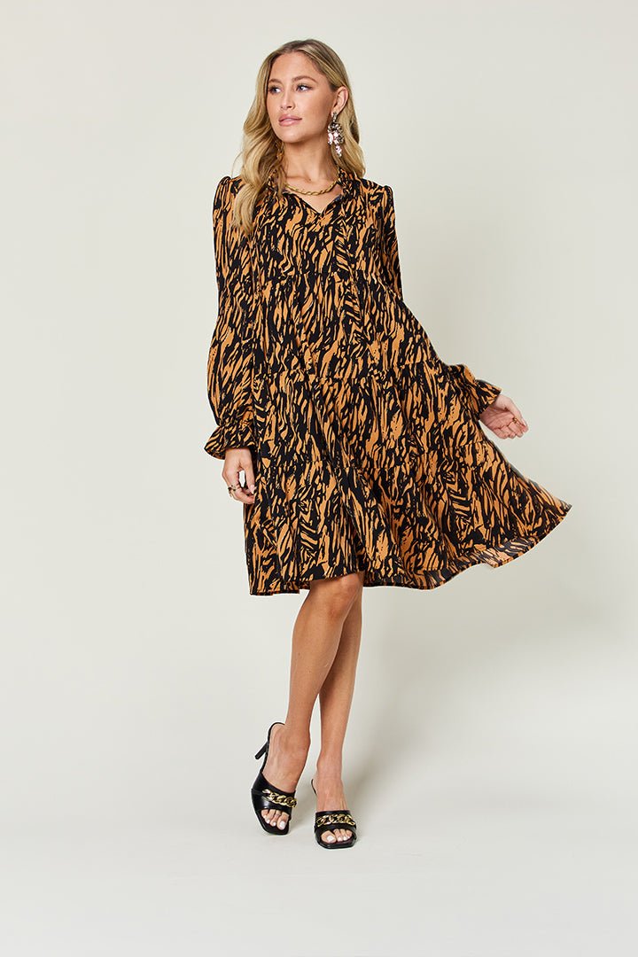 Double Take Full Size Printed Ruffle Hem Long Sleeve Dress - Bella Blue Styles