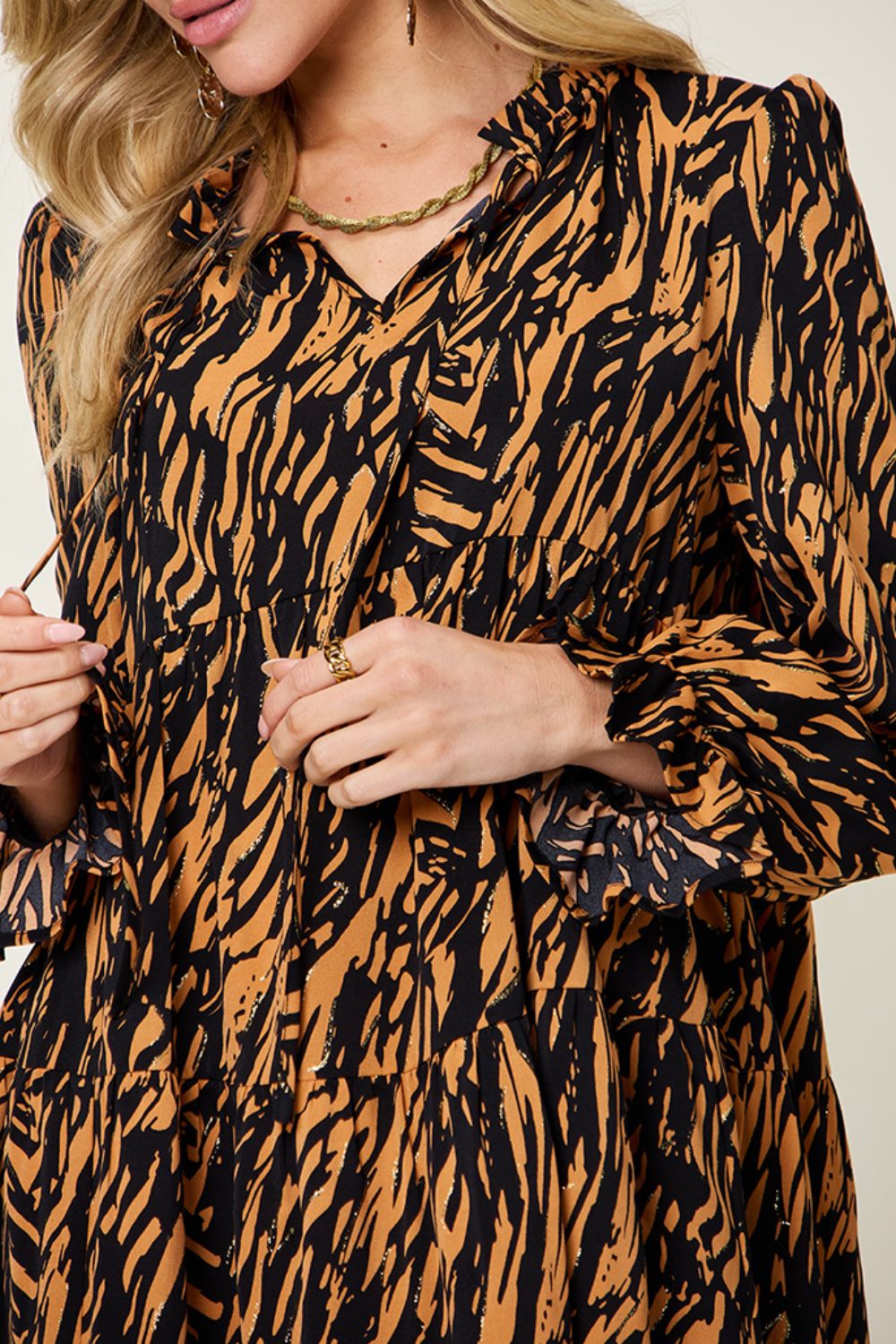 Double Take Full Size Printed Ruffle Hem Long Sleeve Dress - Bella Blue Styles