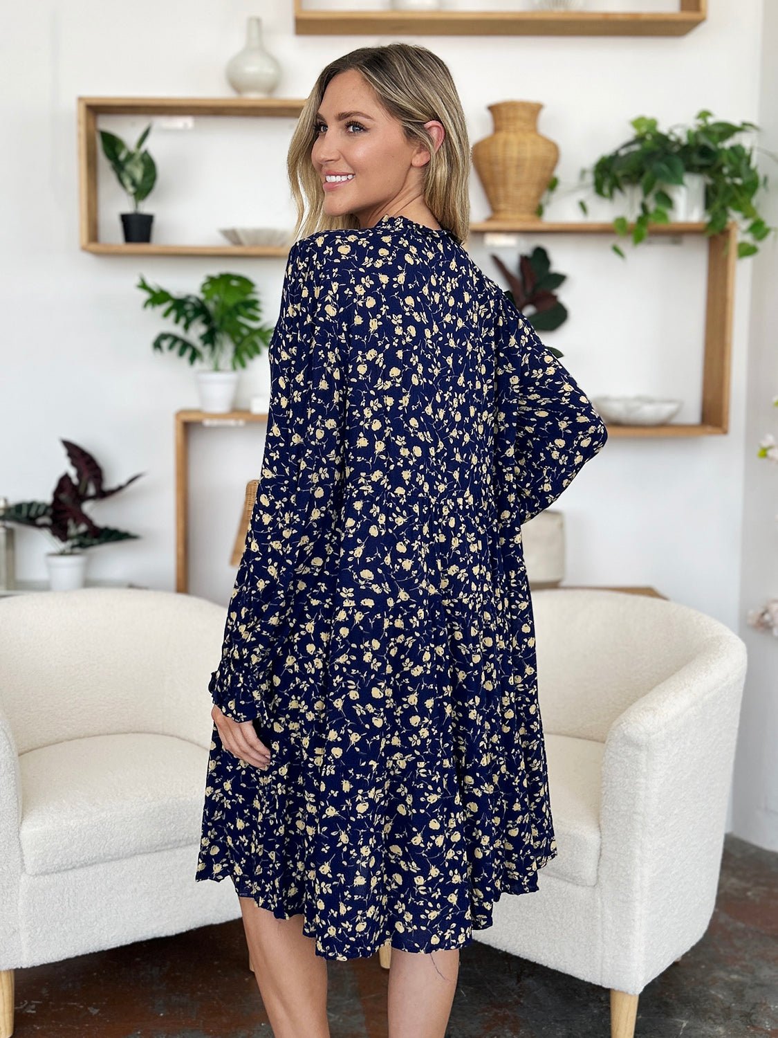 Double Take Full Size Printed Ruffle Hem Long Sleeve Tiered Dress - Bella Blue Styles