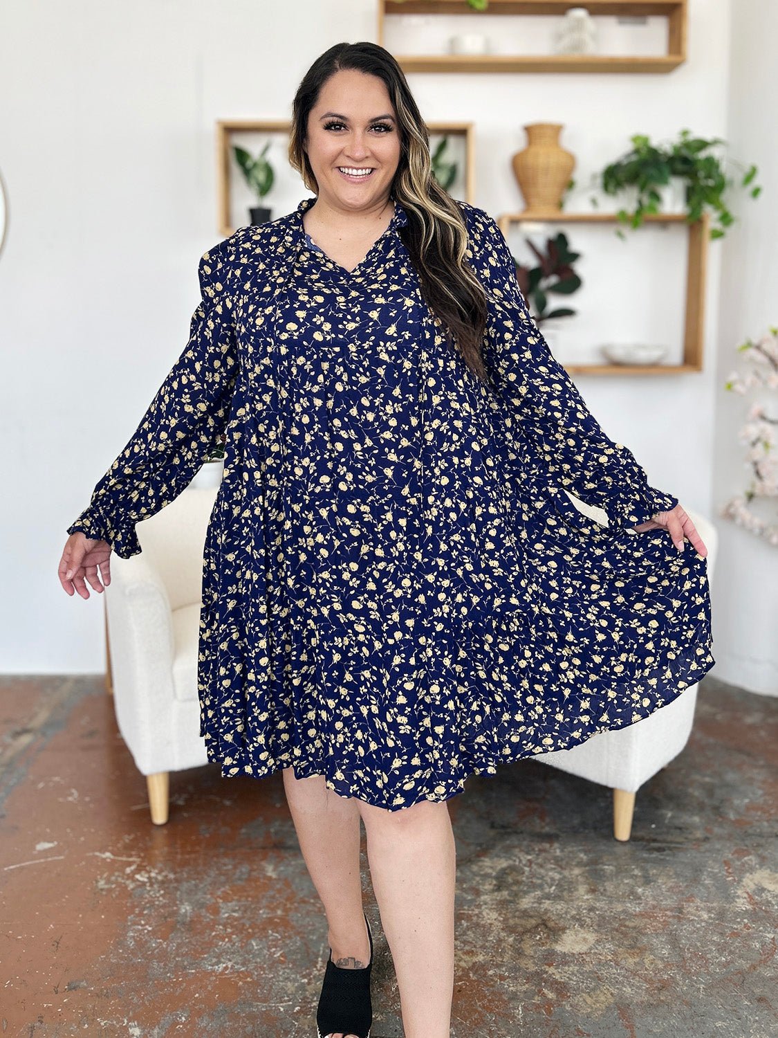 Double Take Full Size Printed Ruffle Hem Long Sleeve Tiered Dress - Bella Blue Styles