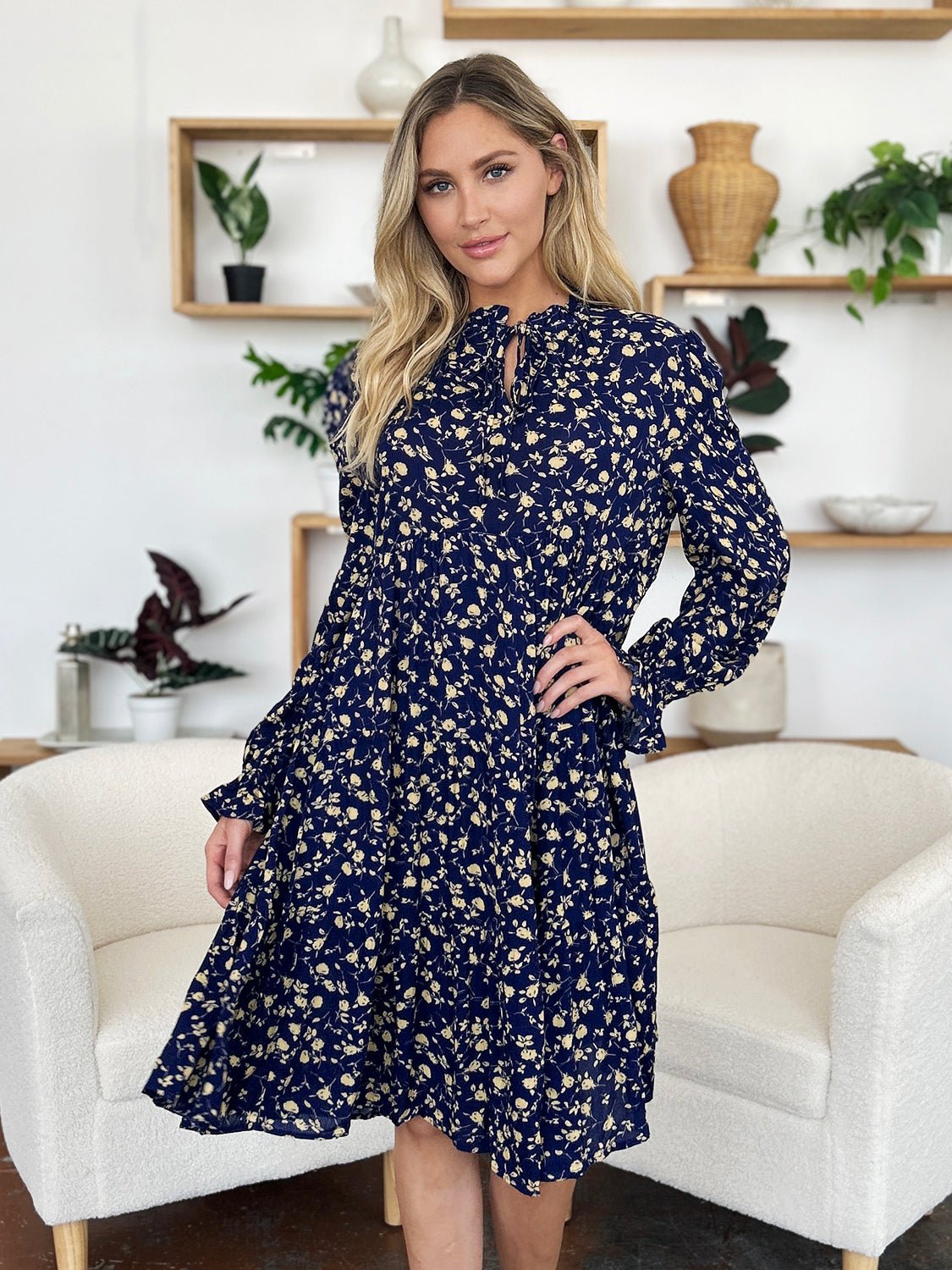 Double Take Full Size Printed Ruffle Hem Long Sleeve Tiered Dress - Bella Blue Styles