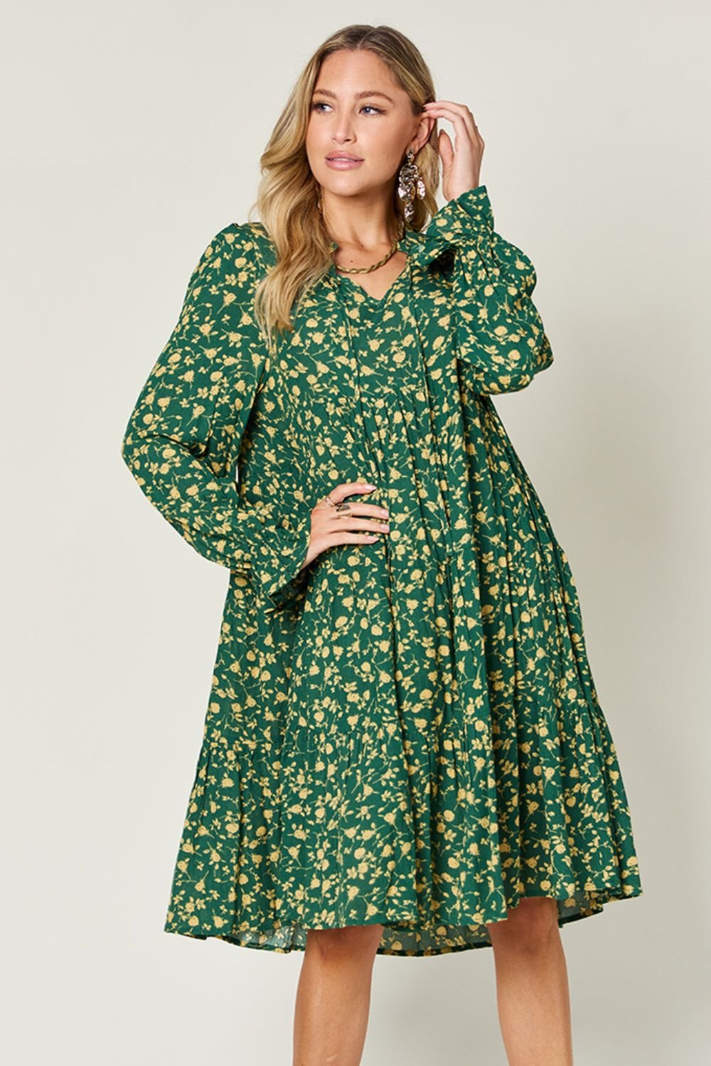 Double Take Full Size Printed Ruffle Hem Long Sleeve Tiered Dress - Bella Blue Styles