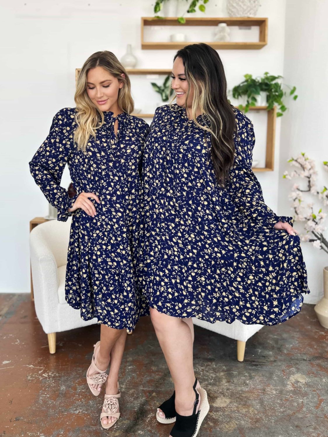 Double Take Full Size Printed Ruffle Hem Long Sleeve Tiered Dress - Bella Blue Styles