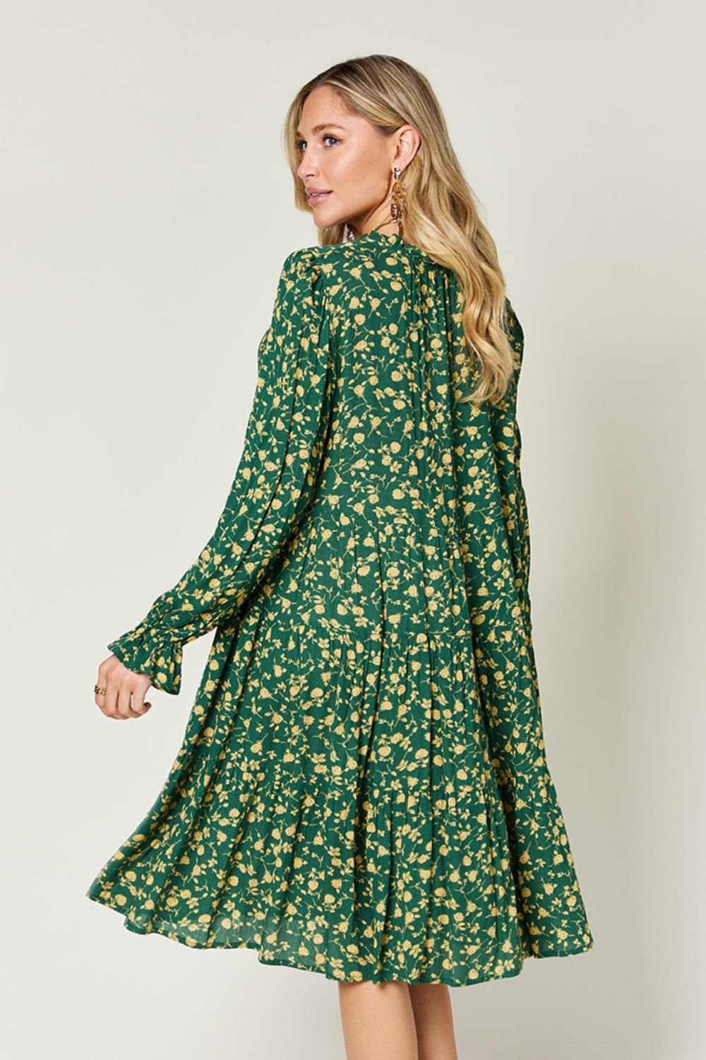 Double Take Full Size Printed Ruffle Hem Long Sleeve Tiered Dress - Bella Blue Styles