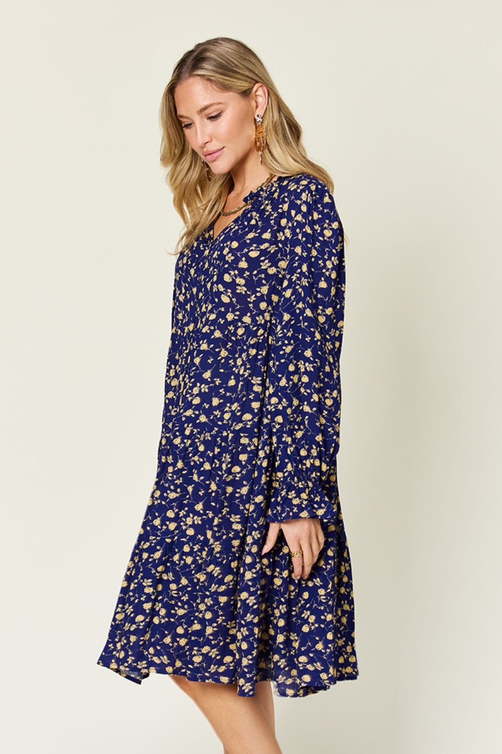 Double Take Full Size Printed Ruffle Hem Long Sleeve Tiered Dress - Bella Blue Styles