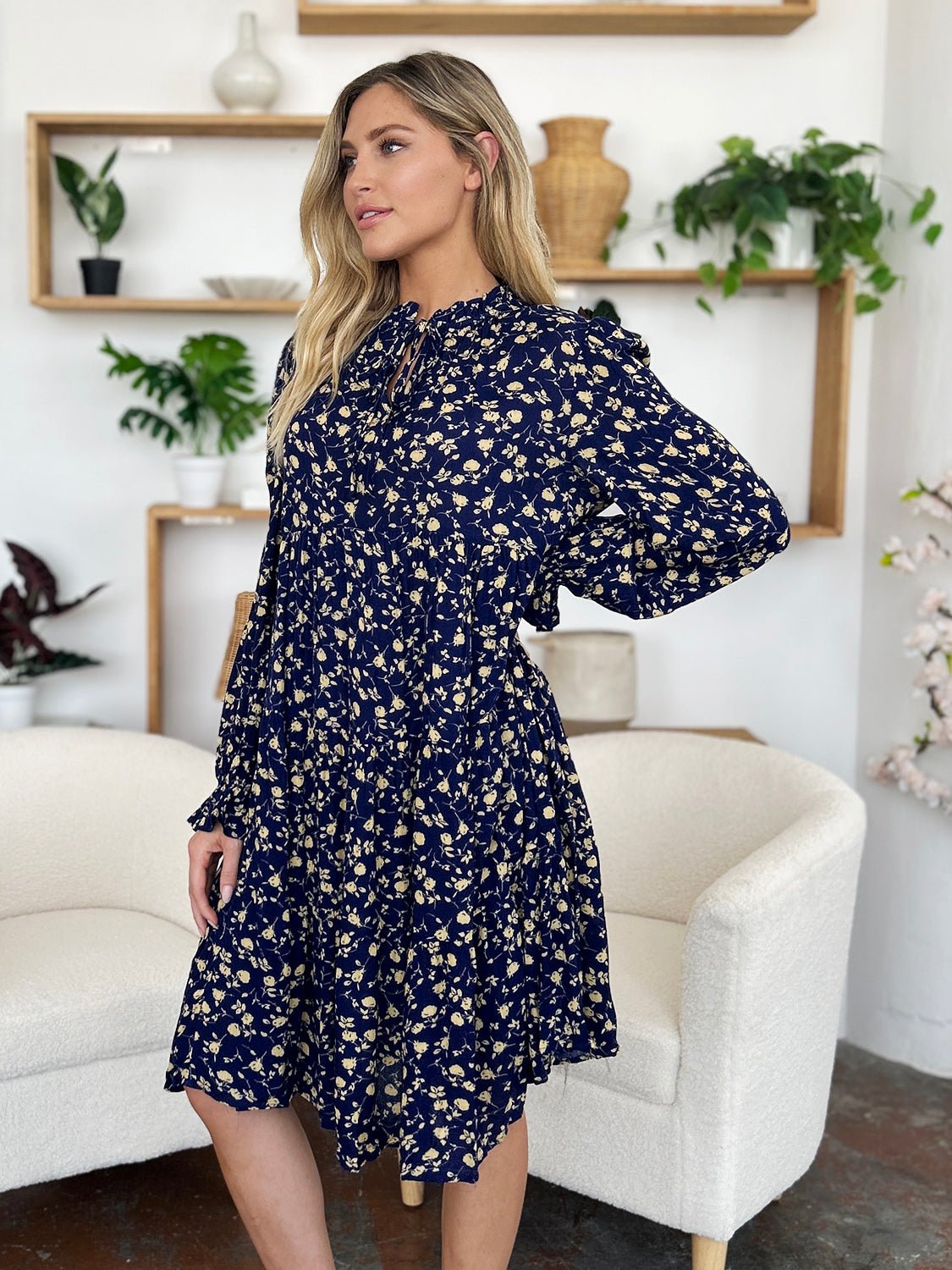 Double Take Full Size Printed Ruffle Hem Long Sleeve Tiered Dress - Bella Blue Styles