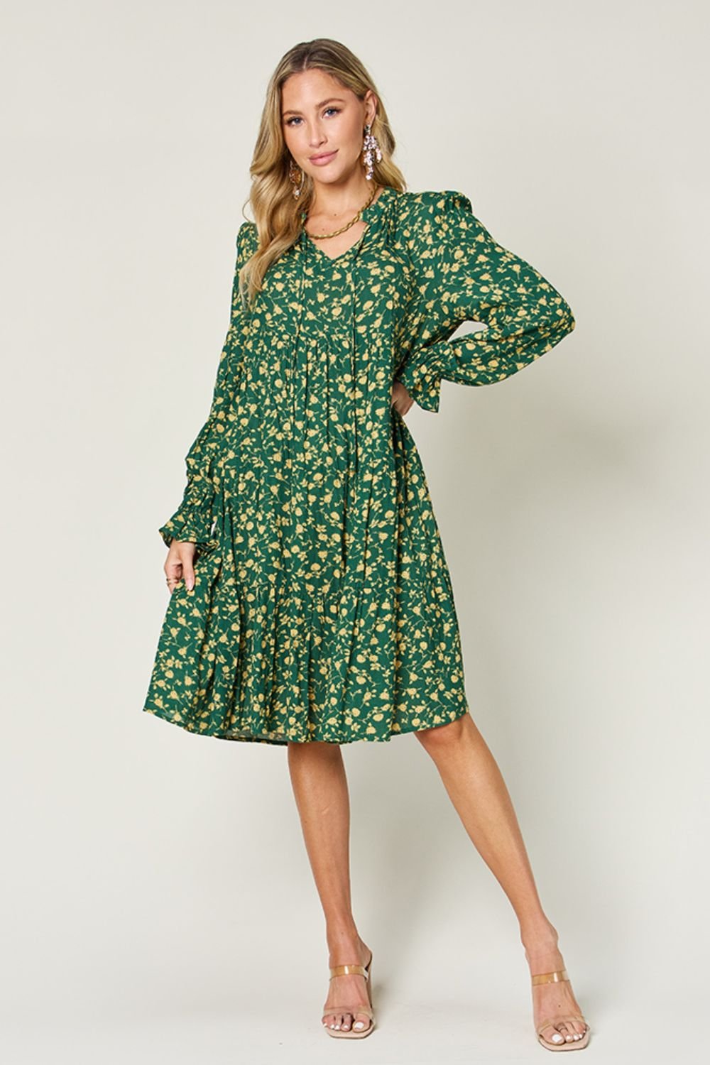 Double Take Full Size Printed Ruffle Hem Long Sleeve Tiered Dress - Bella Blue Styles