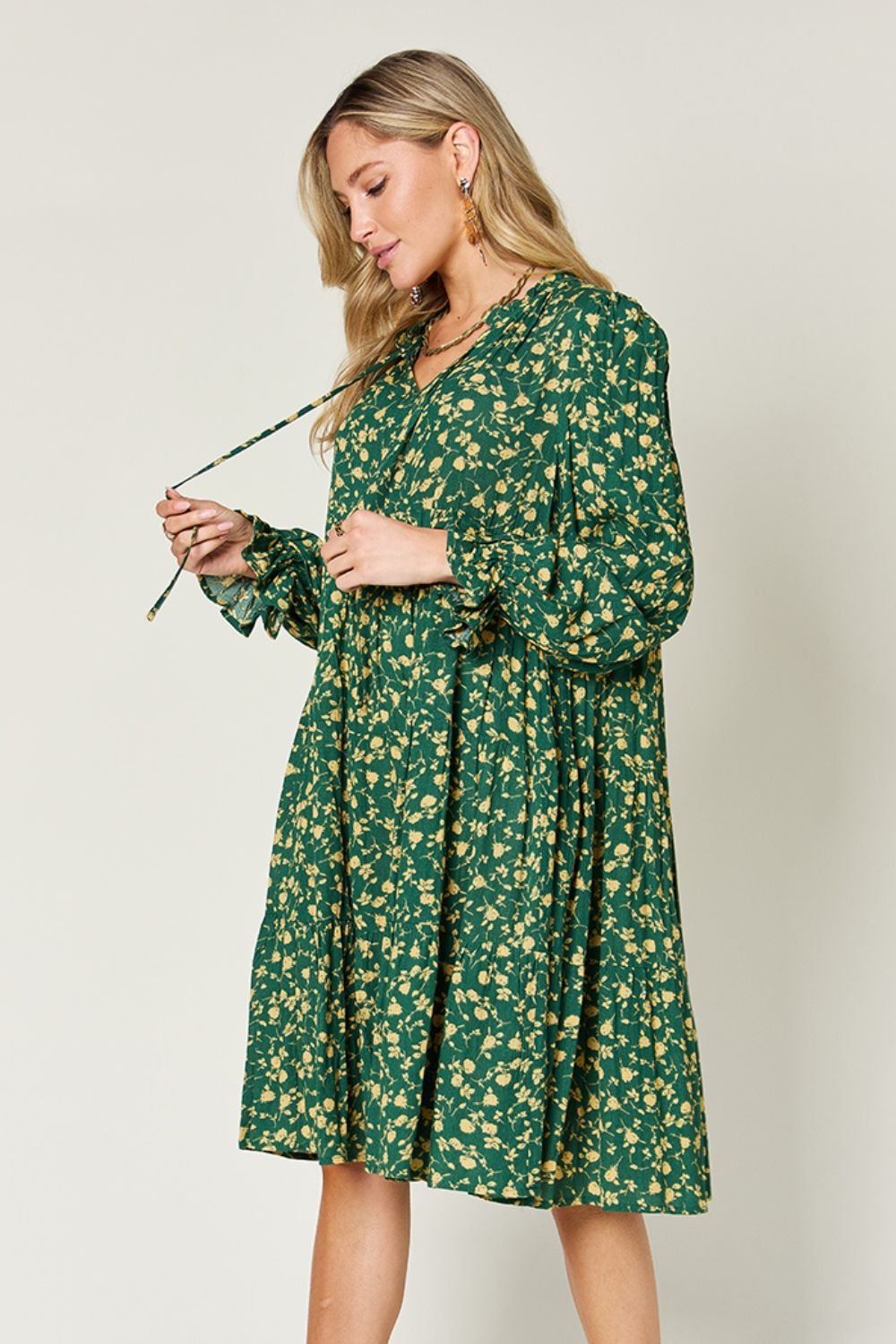 Double Take Full Size Printed Ruffle Hem Long Sleeve Tiered Dress - Bella Blue Styles