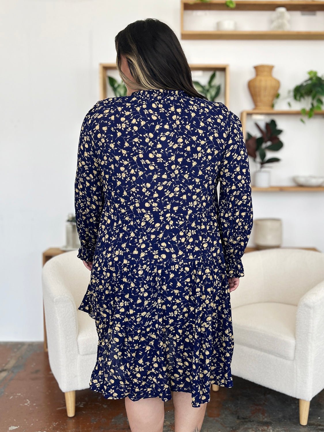 Double Take Full Size Printed Ruffle Hem Long Sleeve Tiered Dress - Bella Blue Styles
