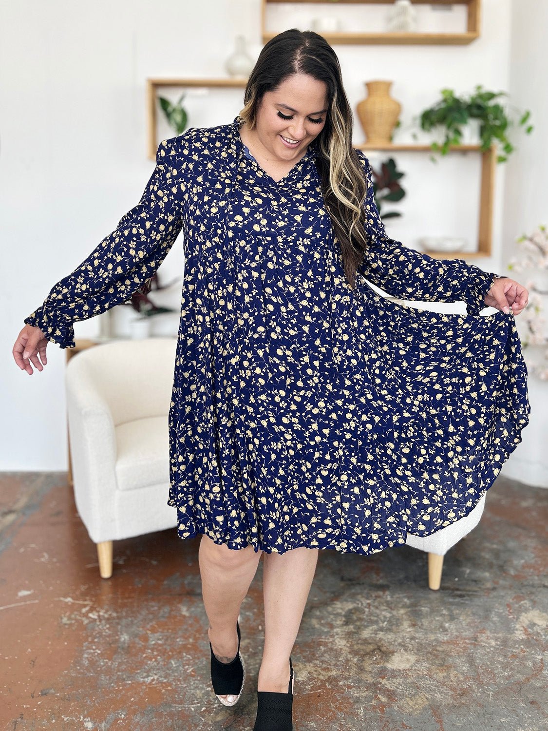Double Take Full Size Printed Ruffle Hem Long Sleeve Tiered Dress - Bella Blue Styles