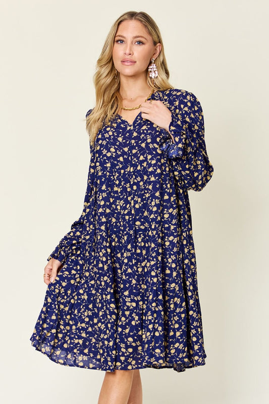 Double Take Full Size Printed Ruffle Hem Long Sleeve Tiered Dress - Bella Blue Styles