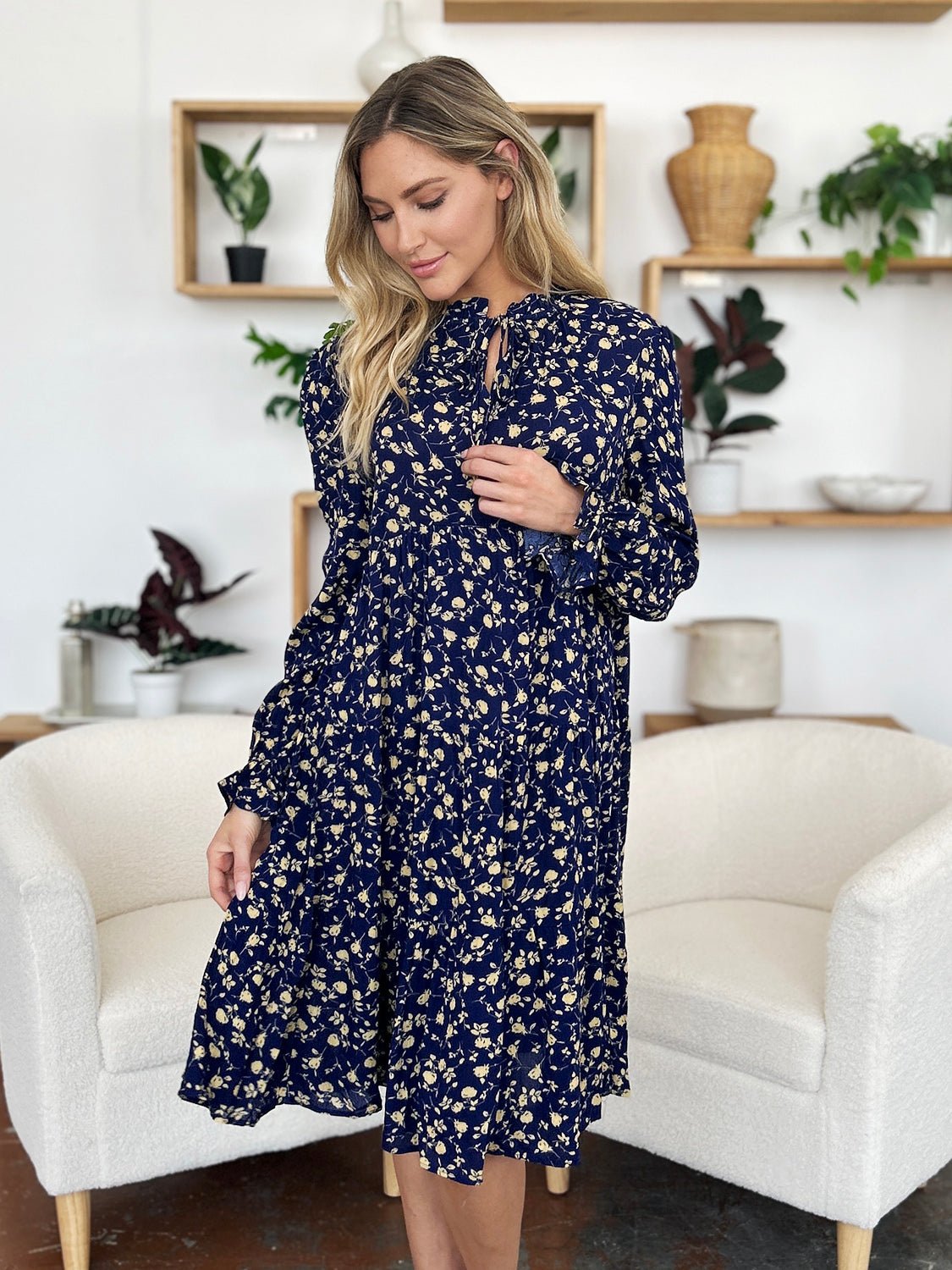 Double Take Full Size Printed Ruffle Hem Long Sleeve Tiered Dress - Bella Blue Styles