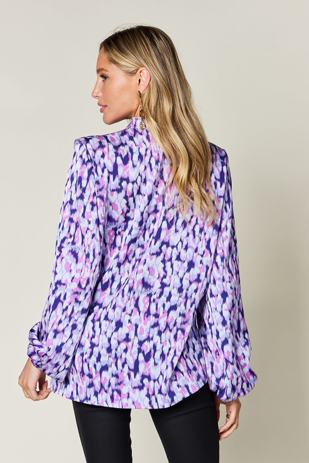 Double Take Full Size Printed Ruffle Trim Balloon Sleeve Shirt - Bella Blue Styles