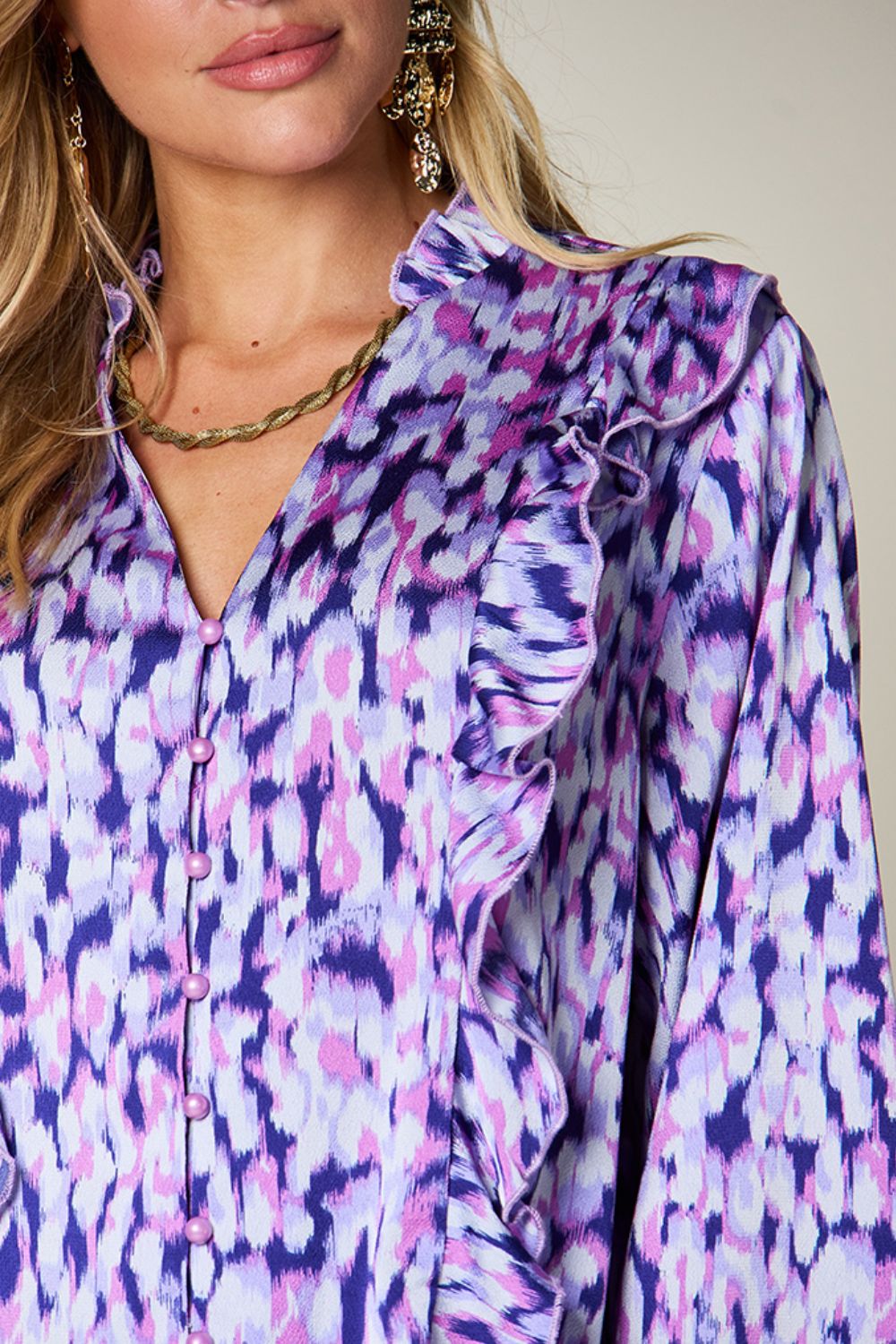 Double Take Full Size Printed Ruffle Trim Balloon Sleeve Shirt - Bella Blue Styles