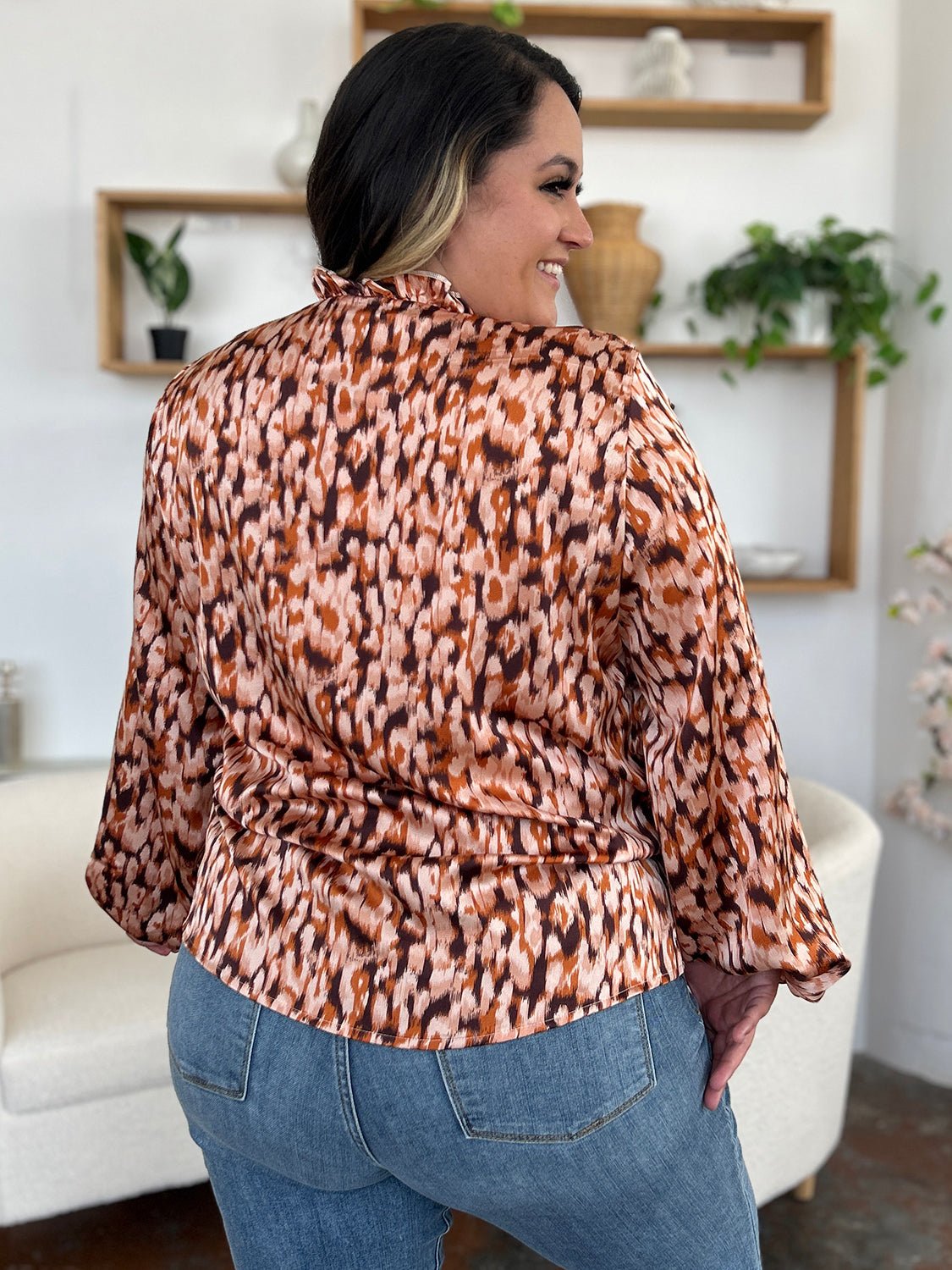 Double Take Full Size Printed Ruffle Trim Balloon Sleeve Shirt - Bella Blue Styles