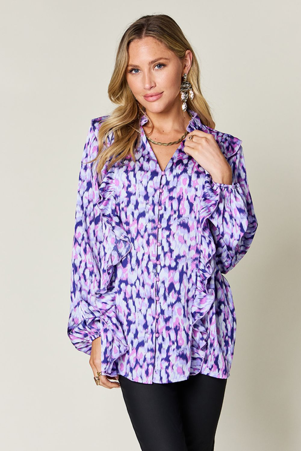 Double Take Full Size Printed Ruffle Trim Balloon Sleeve Shirt - Bella Blue Styles