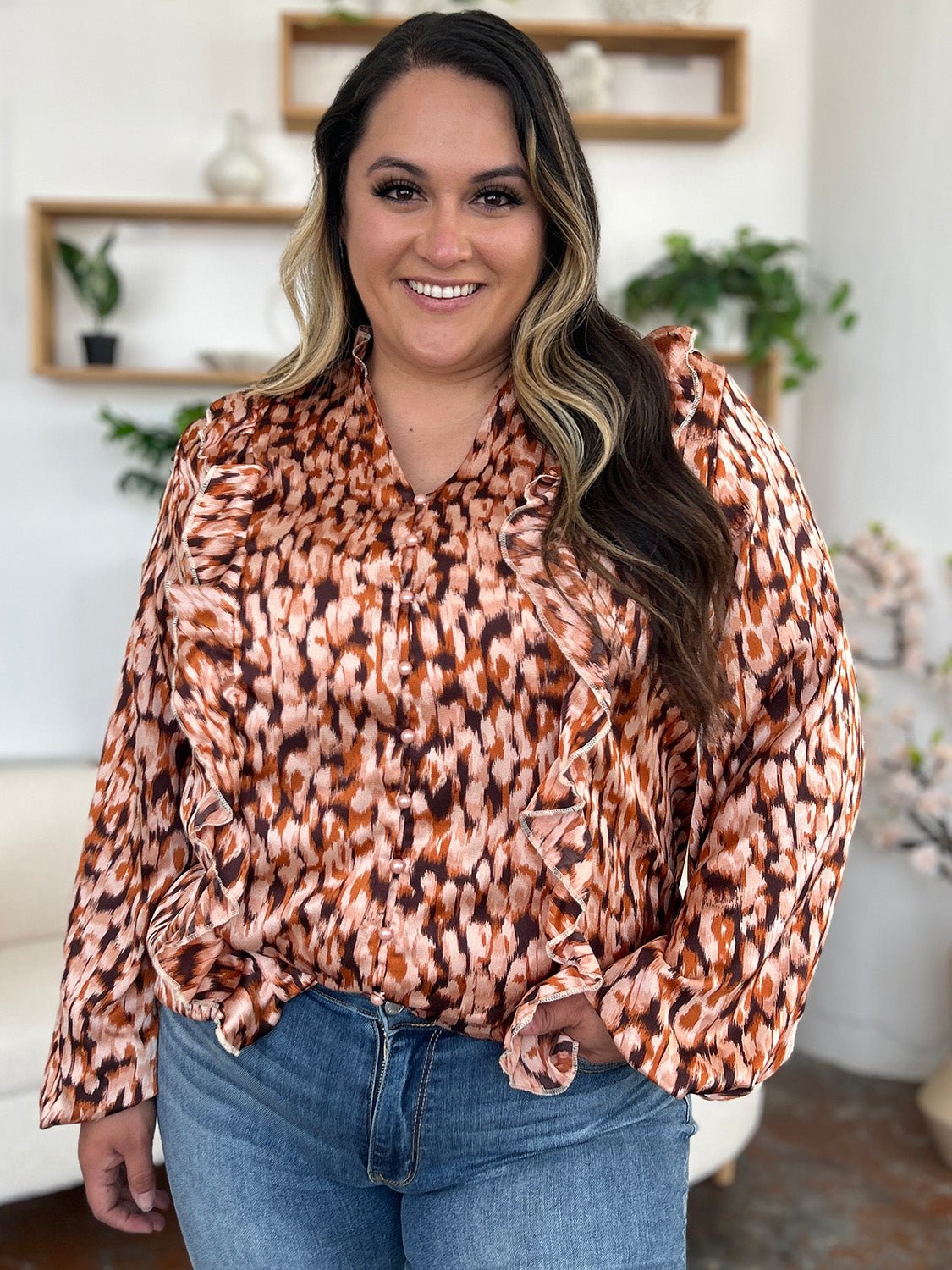Double Take Full Size Printed Ruffle Trim Balloon Sleeve Shirt - Bella Blue Styles