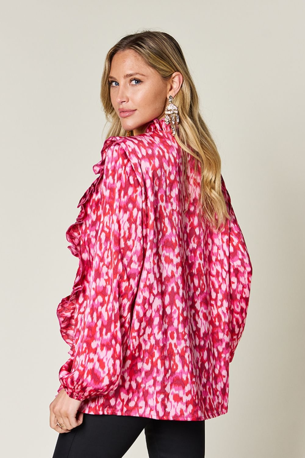 Double Take Full Size Printed Ruffle Trim Balloon Sleeve Shirt - Bella Blue Styles