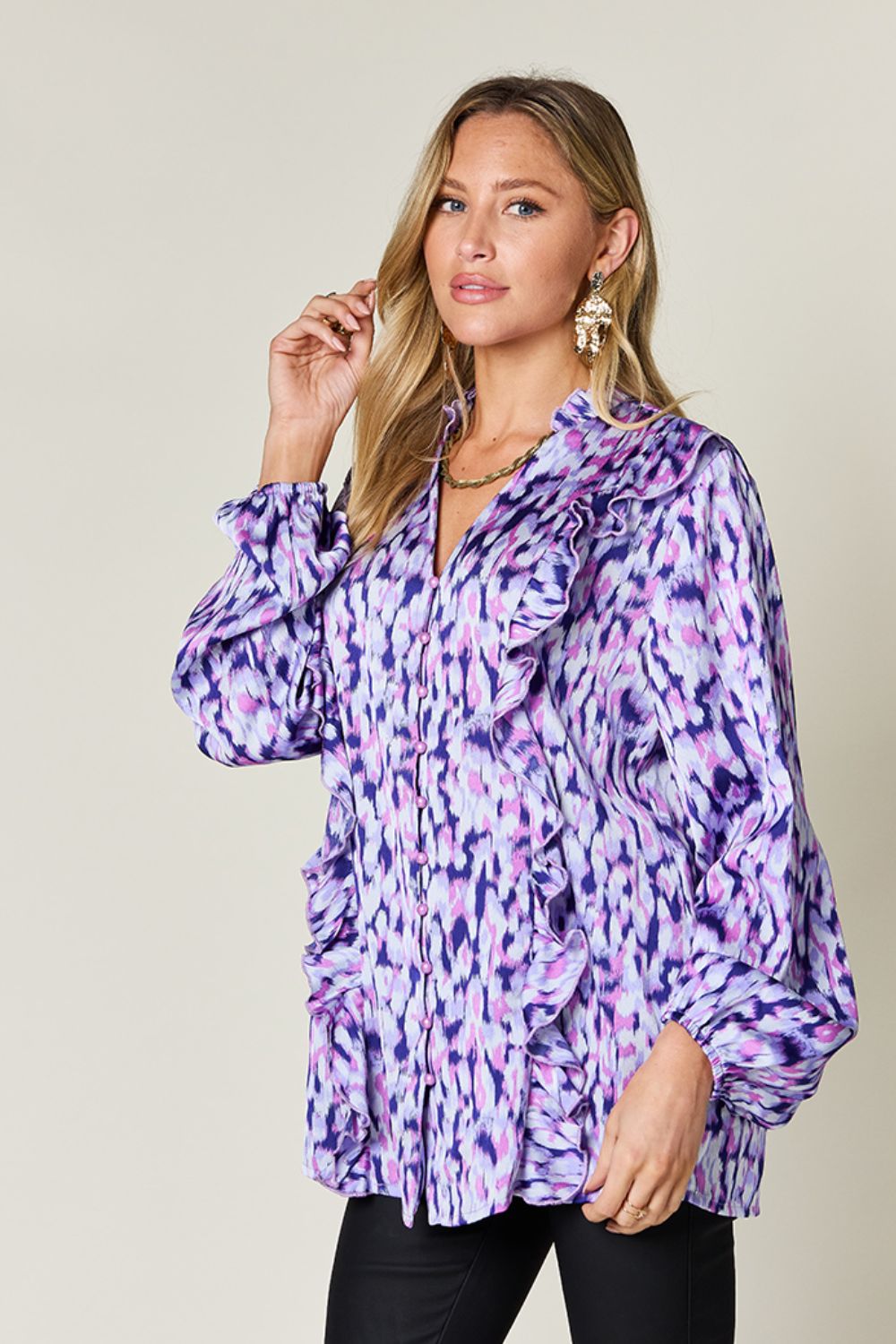 Double Take Full Size Printed Ruffle Trim Balloon Sleeve Shirt - Bella Blue Styles